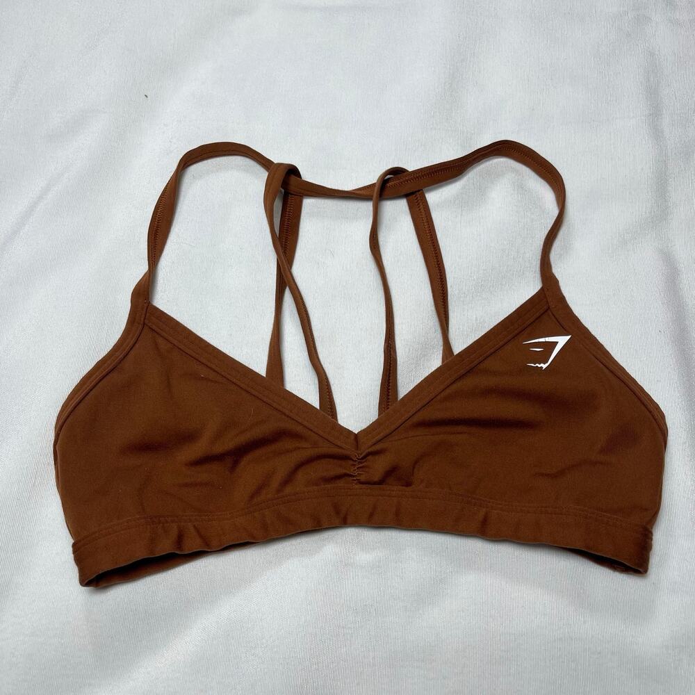 Gymshark Women’s Small Brown Strappy Sports Bra Ruched Front Racerback Workout